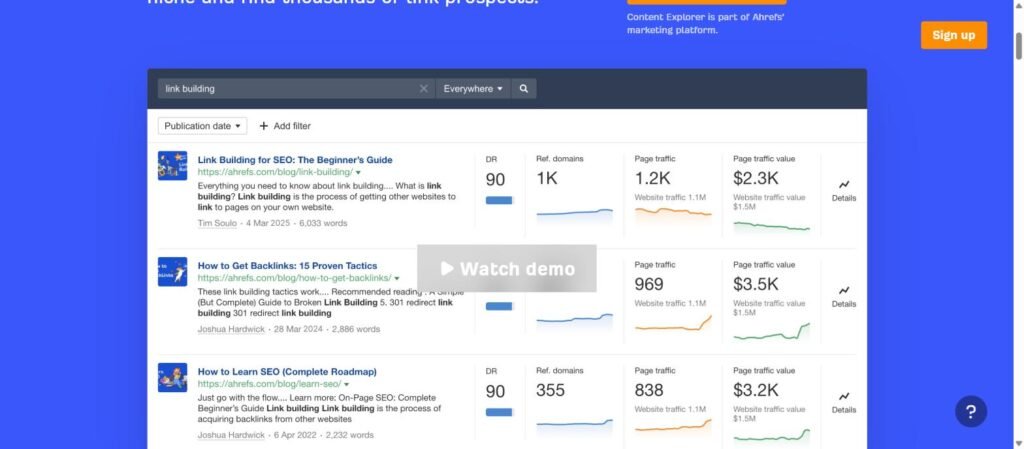 Ahrefs Content Explorer results for "link building" showing Domain Rating, referring domains and page traffic for each article
