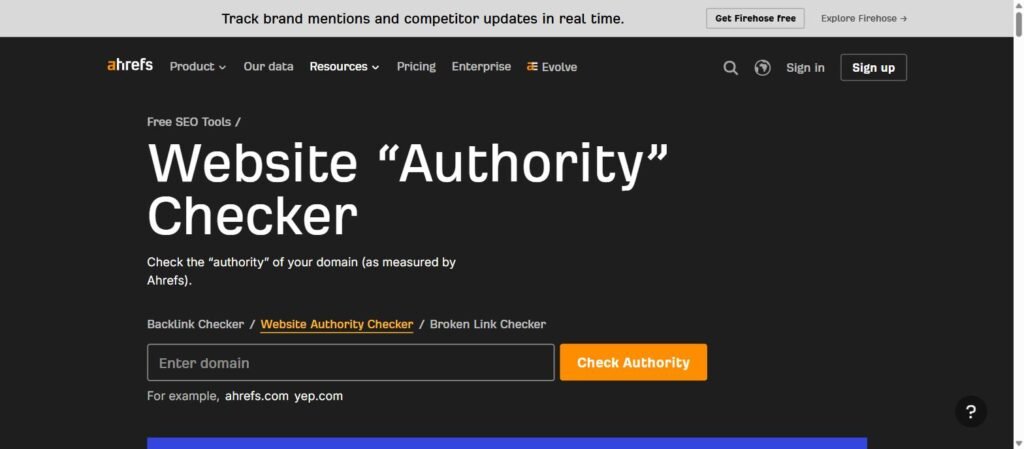 Ahrefs free Website Authority Checker tool for Domain Rating