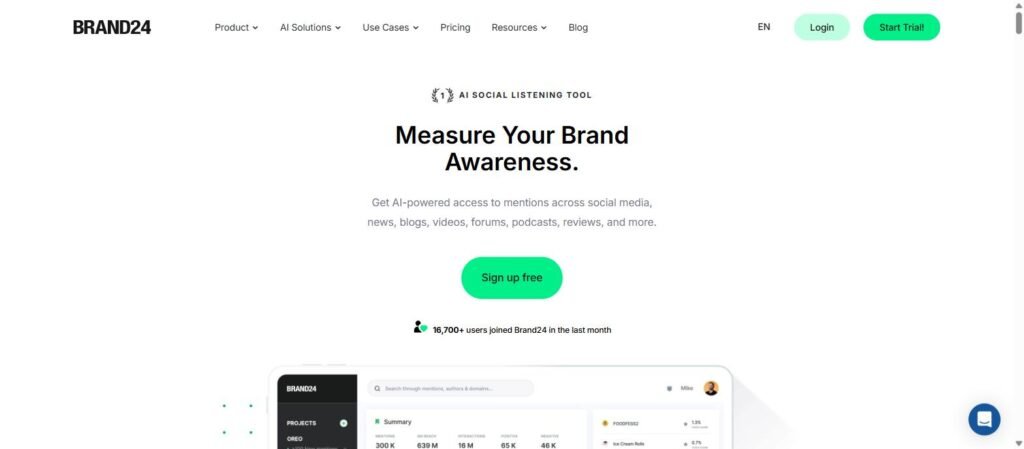 Brand24 homepage, an AI social listening tool that tracks brand mentions across the web