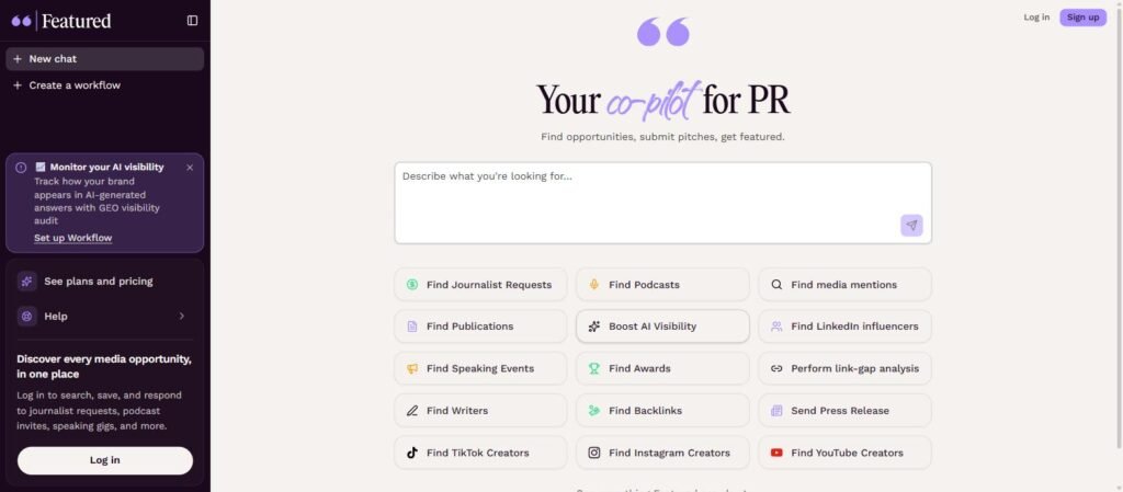 Featured.com homepage for finding journalist requests and digital PR opportunities