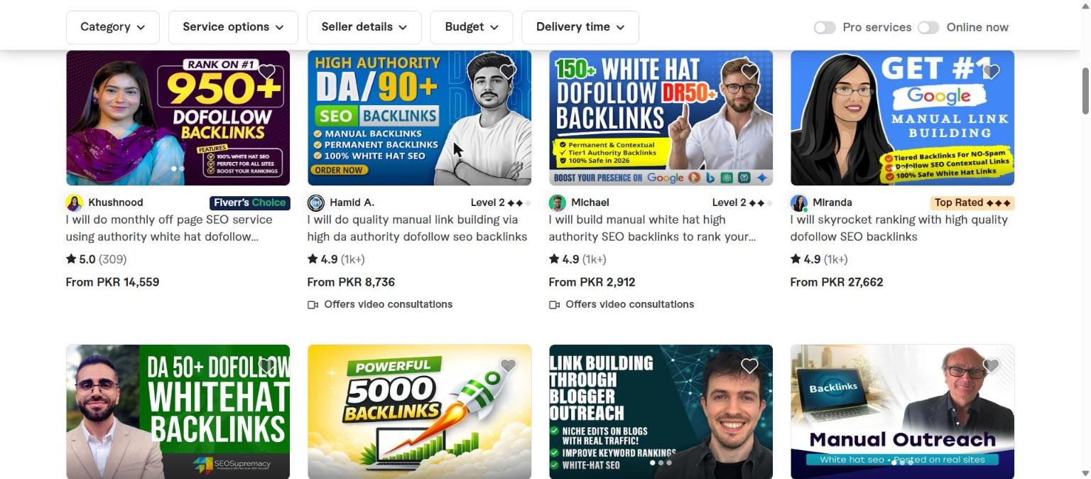 Fiverr gigs offering to buy backlinks in bulk, 950 dofollow links and DA 90 promises for a few dollars