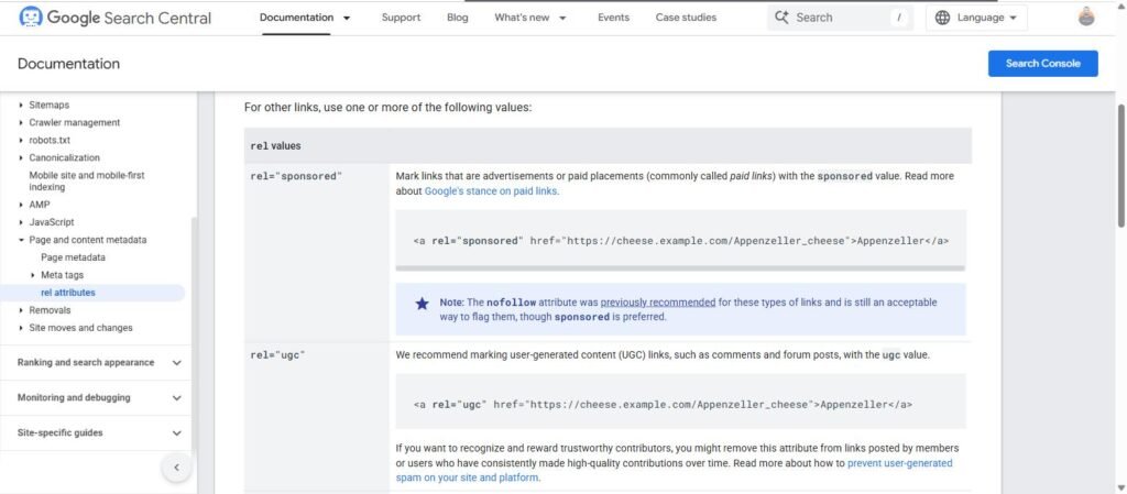 Google Search Central reference table for rel=sponsored, rel=ugc and rel=nofollow link attributes