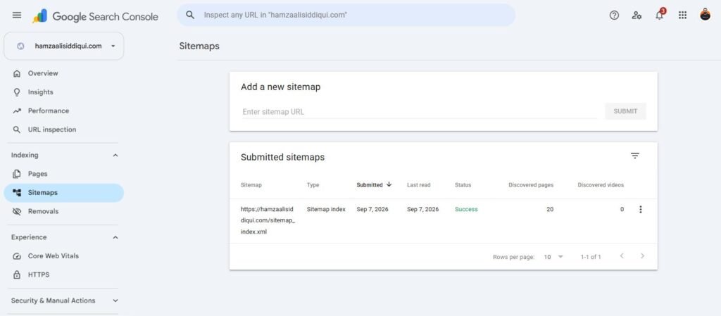Google Search Console sitemaps report for hamzaalisiddiqui.com showing the sitemap index read successfully with 20 discovered pages
