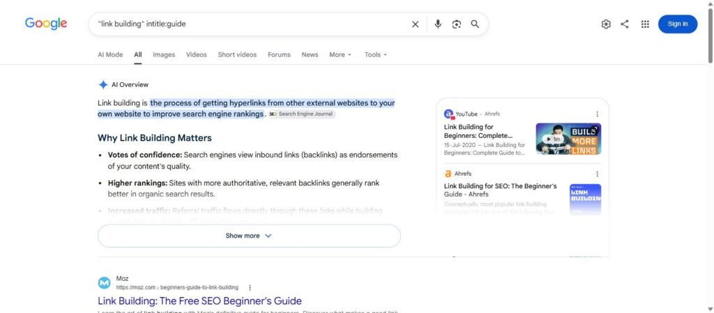 Google search results for "link building" intitle:guide showing aged, ranking guides