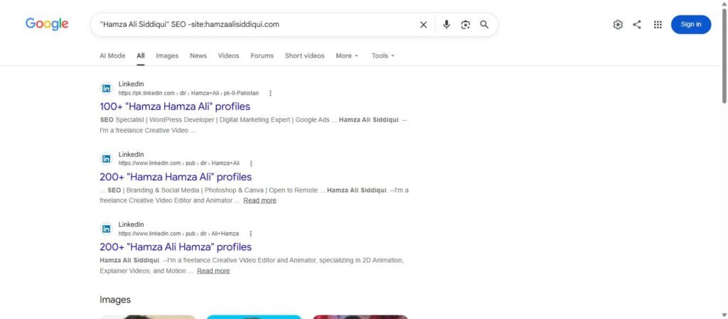 Google search for "Hamza Ali Siddiqui" SEO -site:hamzaalisiddiqui.com showing third-party pages that mention the brand