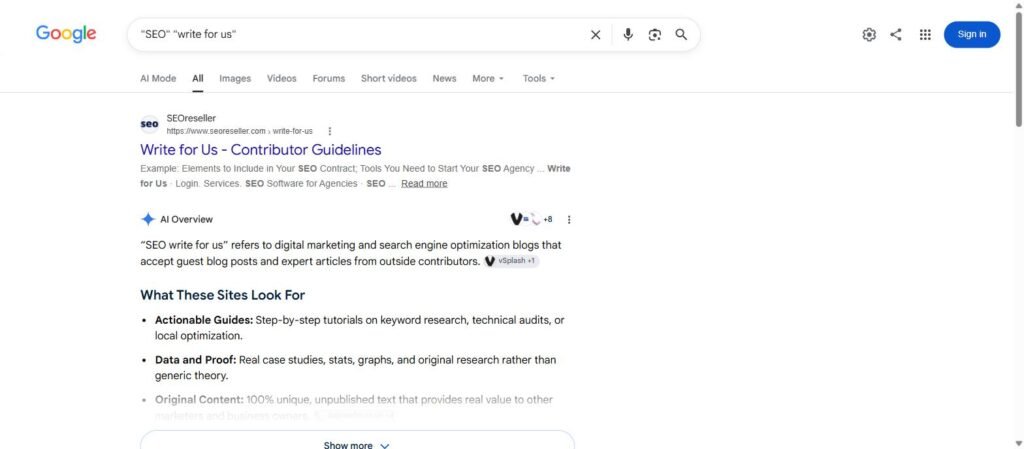 Google search results for "SEO" "write for us" showing contributor guideline pages