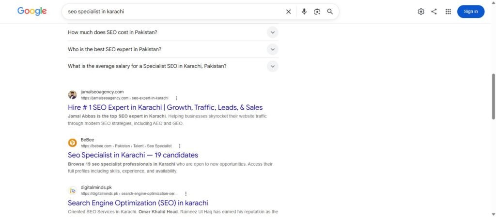 Google search results for "seo specialist in karachi" showing the organic domains that rank