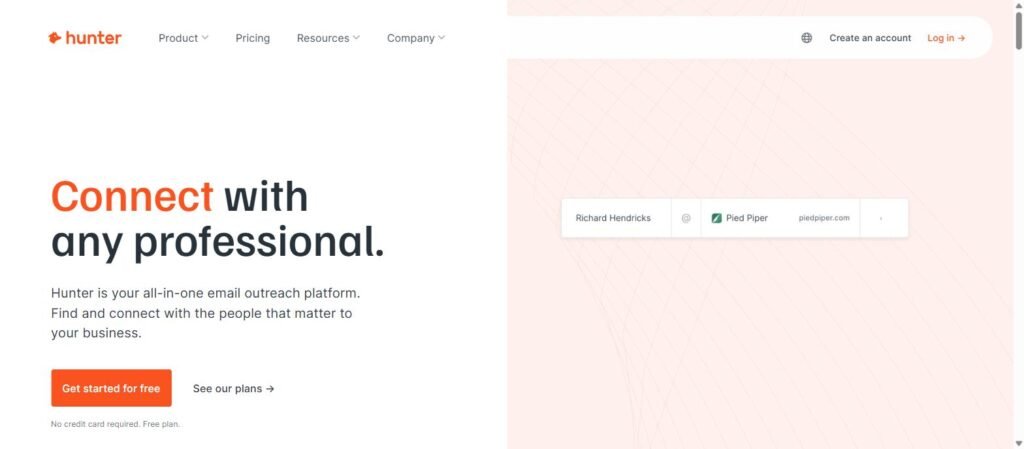 Hunter.io homepage for finding the email address of an editor or author