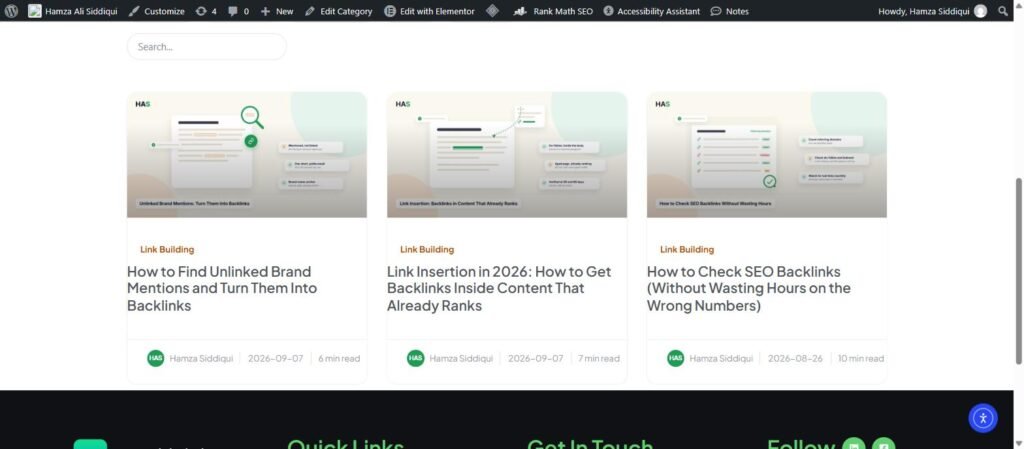Link Building category page on hamzaalisiddiqui.com showing three related guides in one topic cluster