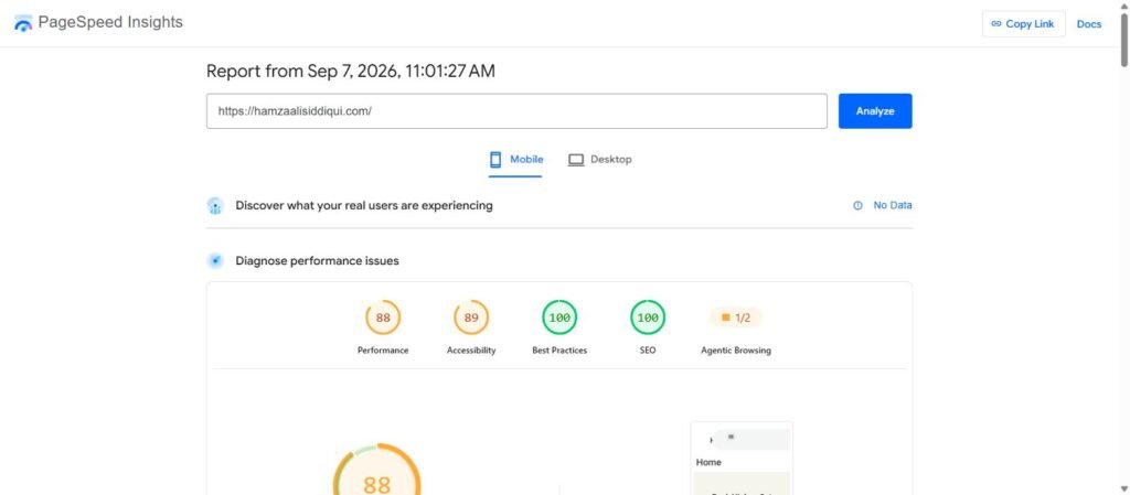 PageSpeed Insights report for hamzaalisiddiqui.com showing performance 88, accessibility 89, best practices 100 and SEO 100 on mobile