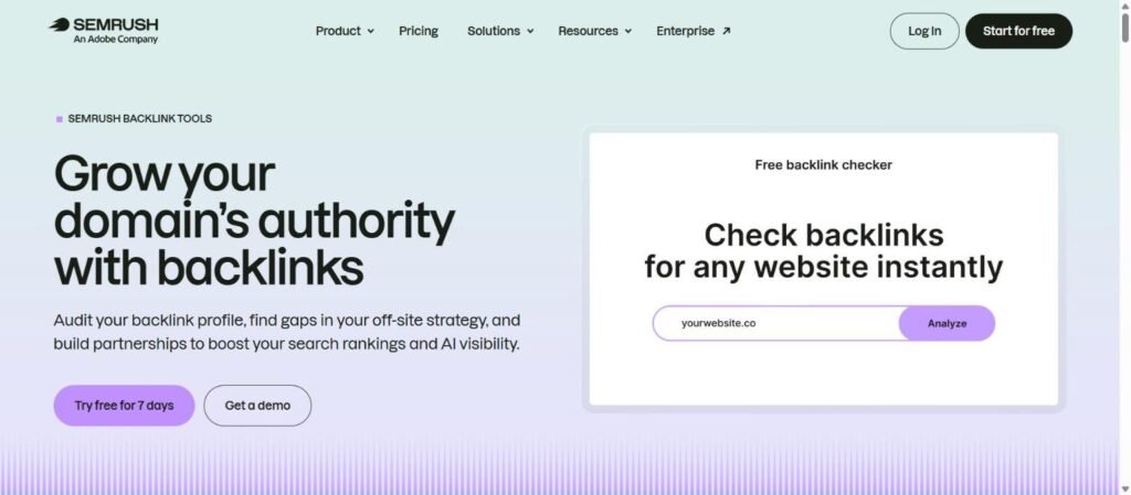 Semrush backlink tools page with the free backlink checker