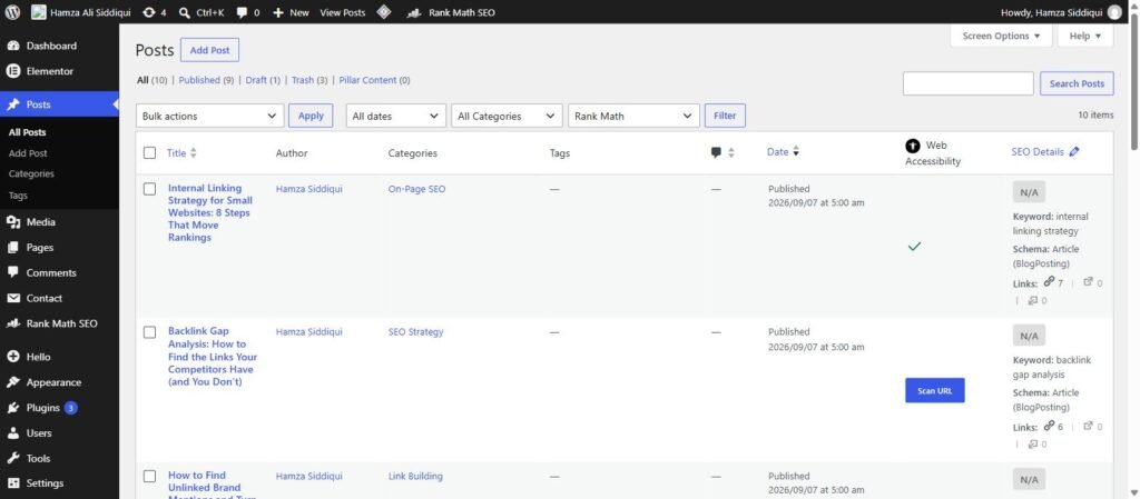 WordPress posts list with Rank Math SEO details showing the focus keyword and internal link count per article